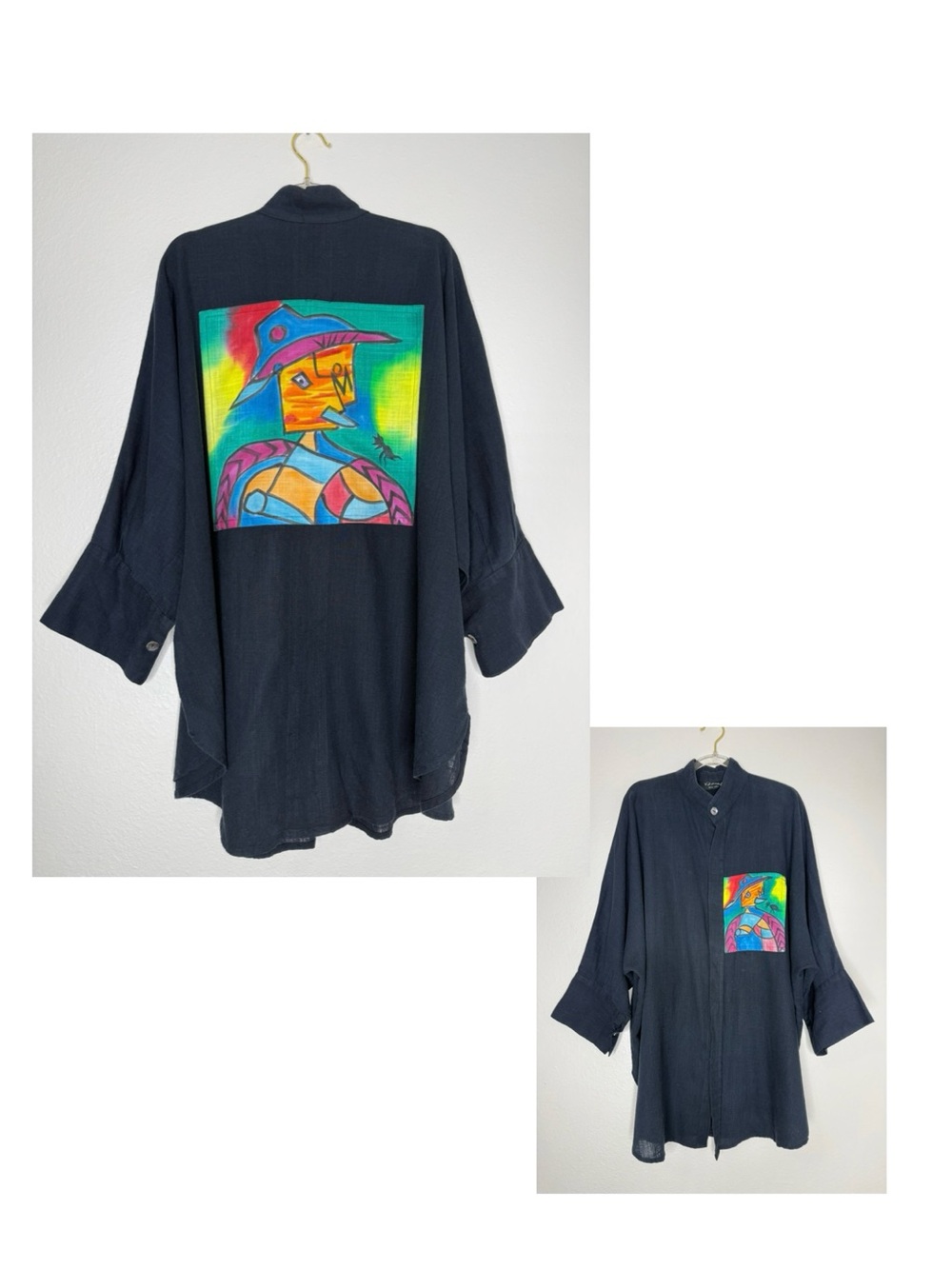 Dilemma New York Art Black Button-Down Shirt with Colorful Graphic Panel OS